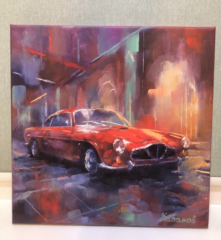 Original Oil Painting on Canvas 12х12″ Red Retro Car Signed
