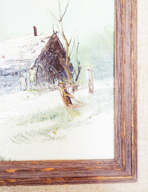 VINTAGE ORIGINAL SIGNED OIL ON WOOD W. SMITH WINTER CABIN PAINTING WOOD FRAMED gallery
