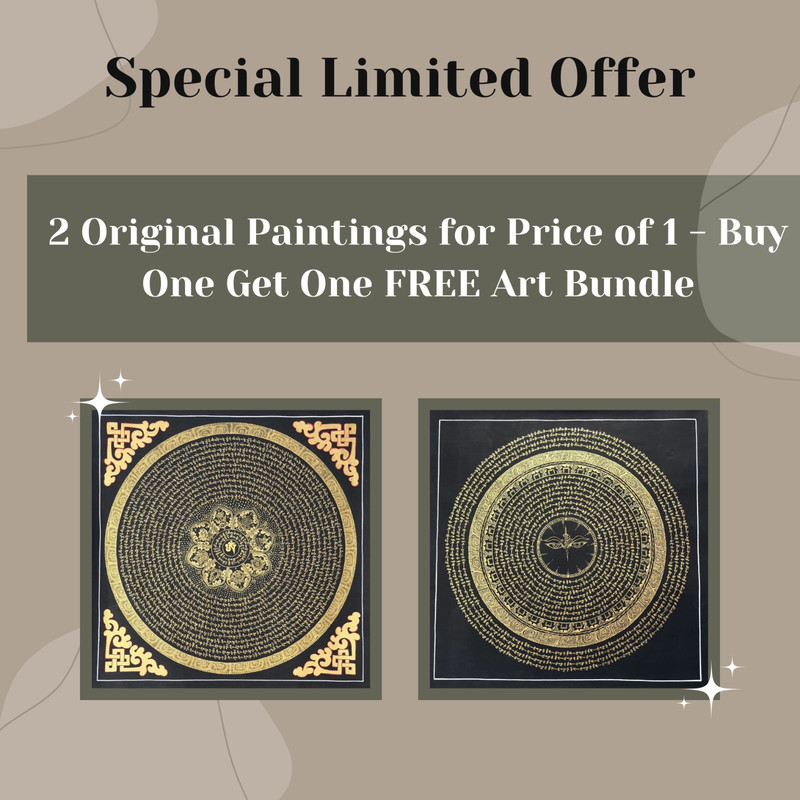 SET OF 2 OM MANI PADME HUM MANDALA THANGKA – HAND-PAINTED BLACK & GOLD ART
