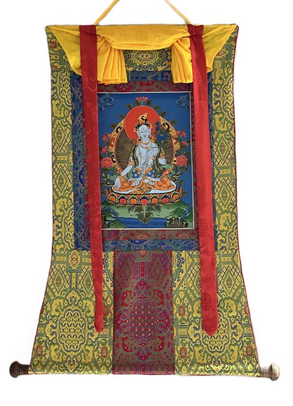 WHITE TARA MOTHER GODDESS ORIGINAL TIBETAN THANGKA PAINTING PREMIUM SILK FRAME