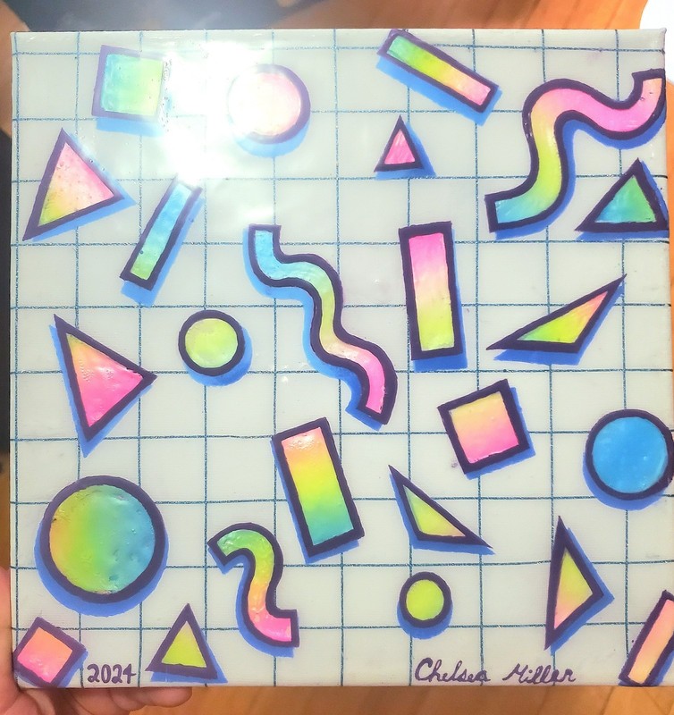 Handmade Acrylic Resin Painting 80s geometric patterns grid and shapes retro