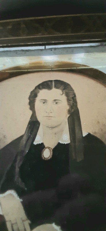 FOLK ART STYLE WATERCOLOR OF VICTORIAN LADY IN MOURNING CLOTHES. gallery