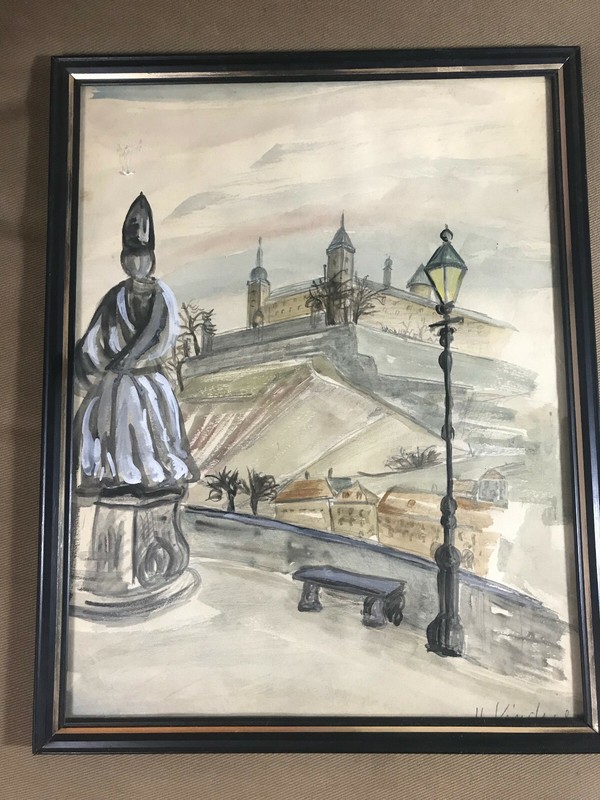 H Kindue «City Landscape Scene» Ink And Watercolor Painting – Signed And Framed