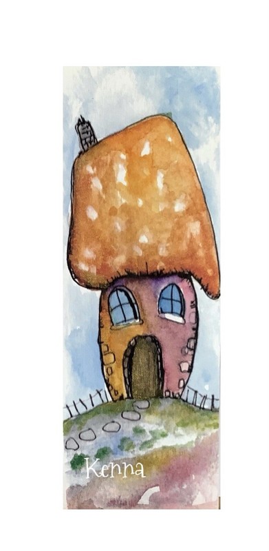 Bookmark laminated Original Painting Of A Mushroom House 6cm X 16cm & Tassel