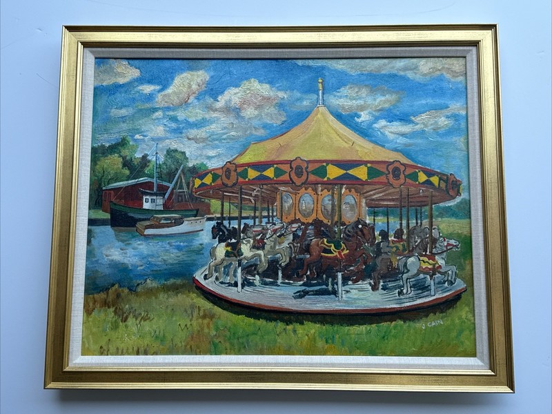 JO CAIN PAINTING CAROUSEL RIDE WPA AMERICAN REGIONALISM FAMOUS OIL ANTIQUE RARE