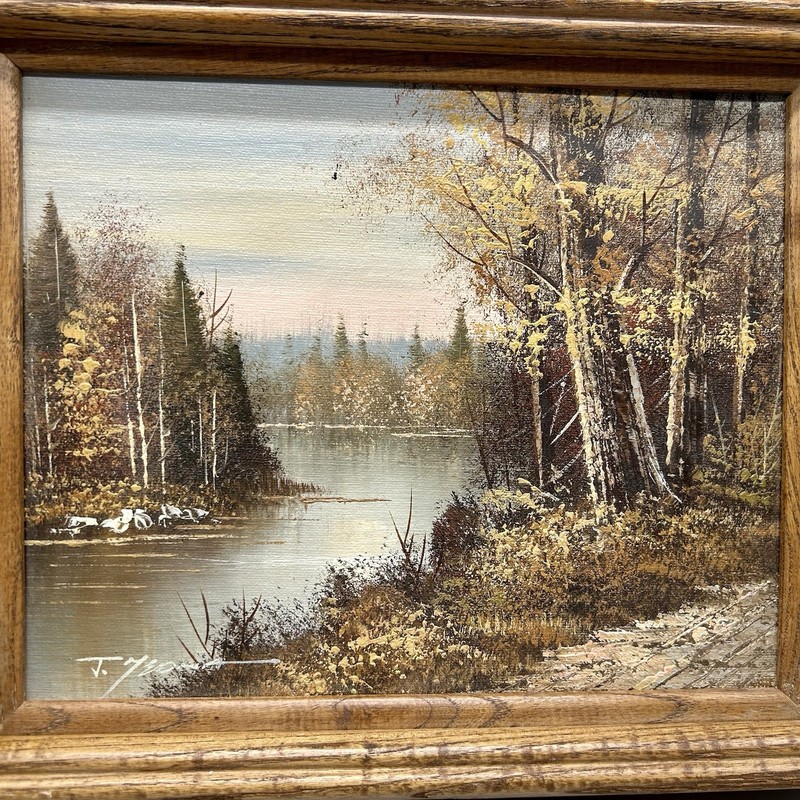 Vintage Original Oil Painting Autumn Woodland Lake Scene Signed 12x10 Framed gallery