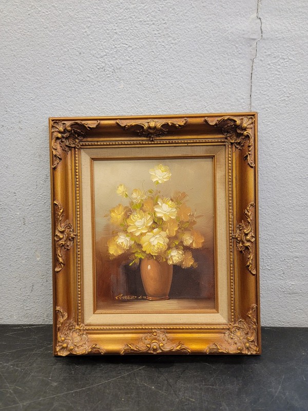 Vtg Signed Robert Cox Oil on Canvas Framed Floral Still Life 13″x15″ Roses 👁