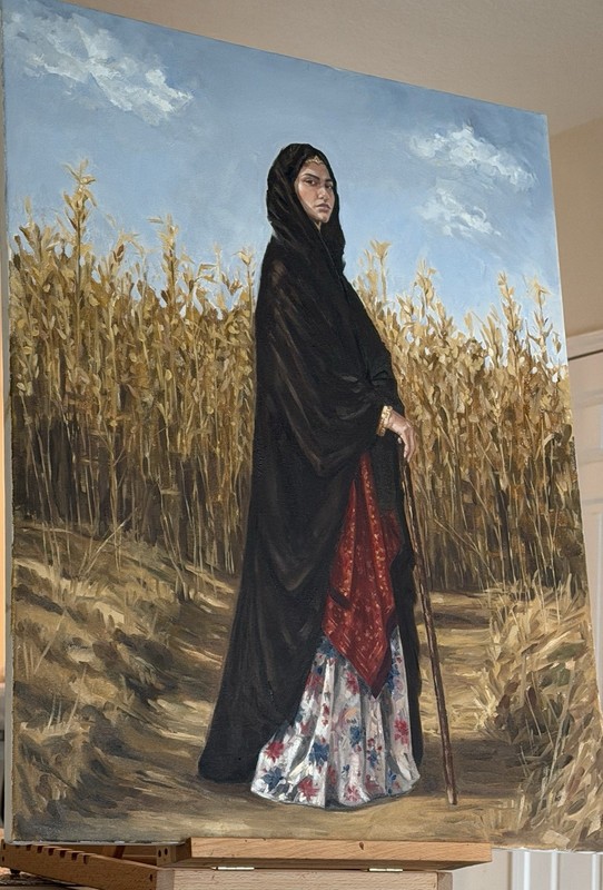 Original Oil Painting Middle Eastern Woman Standing in Wheat Field Signed gallery