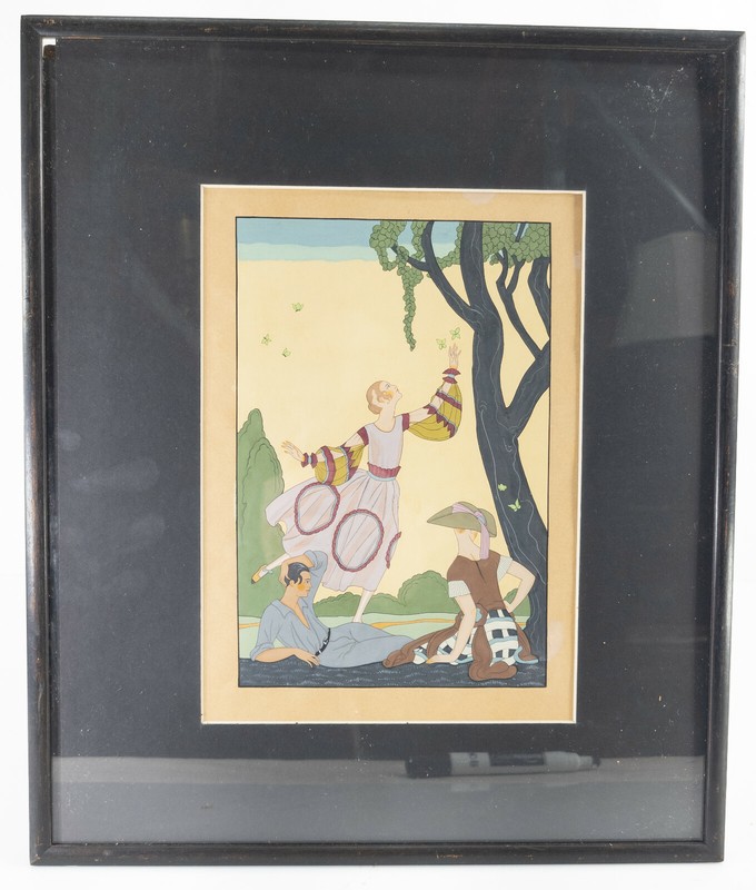 Antique Art Deco Art Nouveau Gouache Painting After Georges Barbier