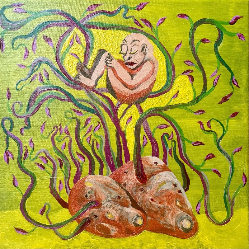 Titled “carried away” acrylic painting 12x12in