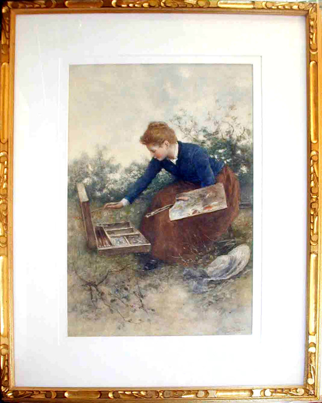 Dutch Watercolor MARTINUS LIERNUR ‘Girl Painting’, 20″ x 14″