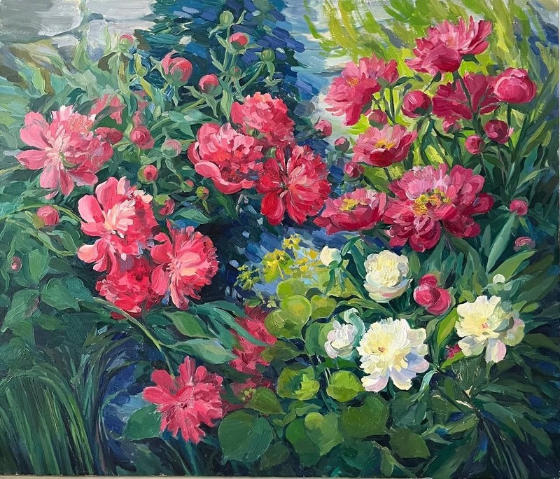 art 345 original painting 60x70 cm IH oil on canvas peonies still life flowers
