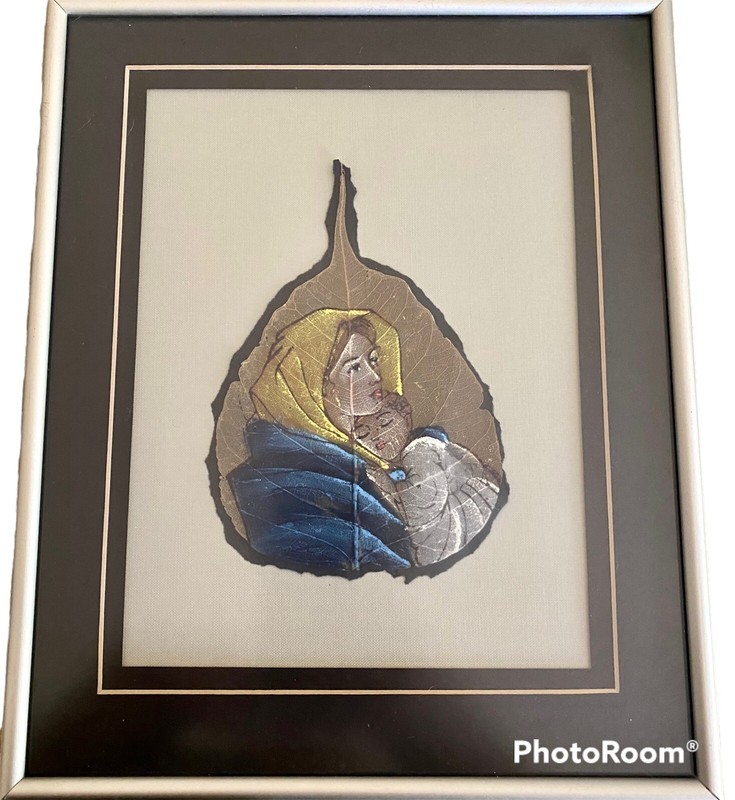 Vintage Peepal Leaf Painting India Dried Pipal Art Hand Painted Woman Child