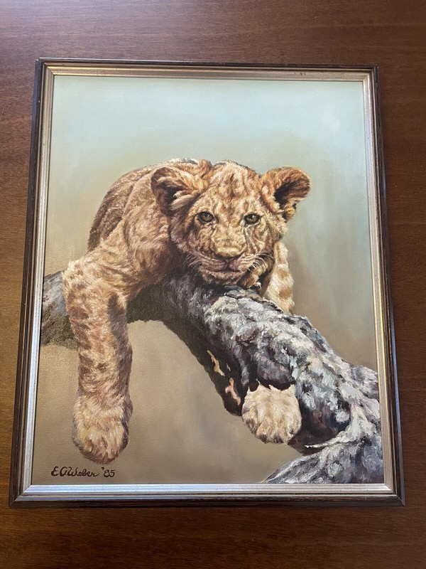 Oil On Canvas Lion Cub In Tree Painting E. G. Weber 1985 In Wood Frame
