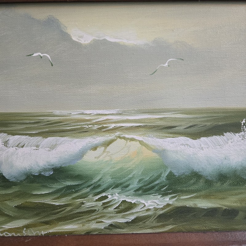 Vintage mid-century seascape oil painting, signed by artist Waves Seagulls 13in gallery