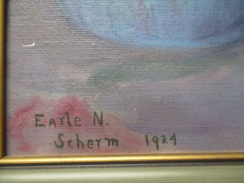 ANTIQUE OIL PAINTING STILL LIFE EARL SCHERM ART DECO BRONZE STATUE VILLAGE VIEW gallery