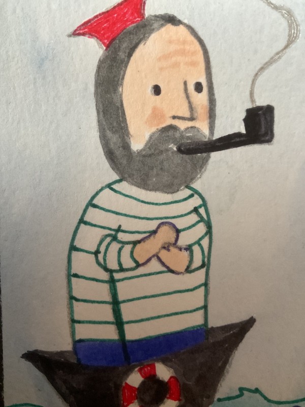 ACEO watercolor art by PJ, art card 2.5 x 3.5: abstract sailor man.