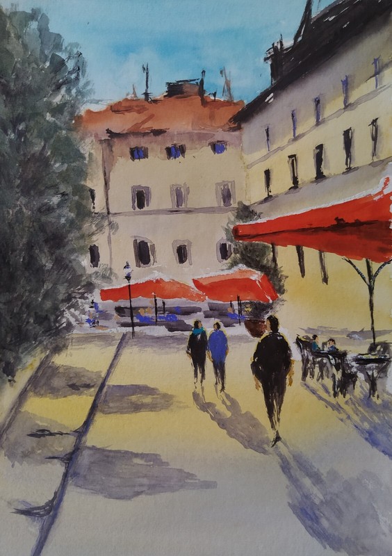 Original watercolor painting Sunny Сity Cityscape 17×24 cm