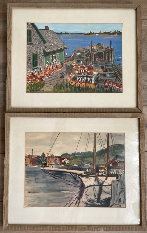 (2) Original Watercolor Mary Lou Signed Coastal Landscape Houses & Boats Framed