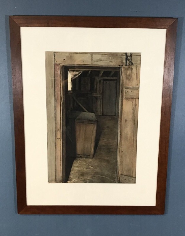 Alexander Farnham (1926 – 2017) Watercolor Painting «Feed Room»