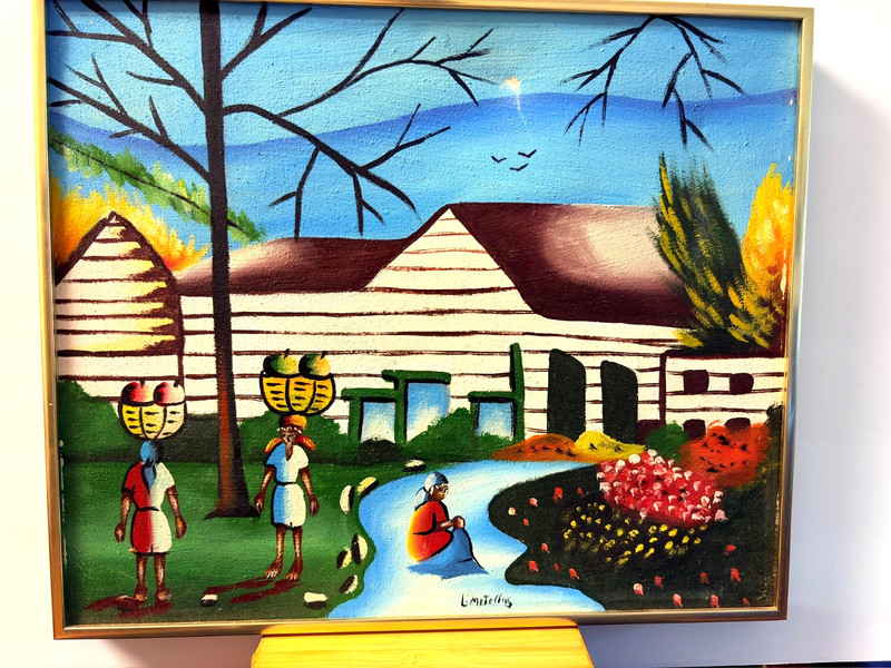 VINTAGE HAITIAN PAINTING SIGNED L. Metellus Folk Art METAL FRAMED SIZE 19 X 16" gallery