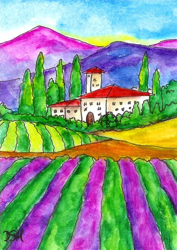 Landscape Aceo TUSCAN HILLS Italy Vineyards Trees Print LE Acrylic Ink W/C paper