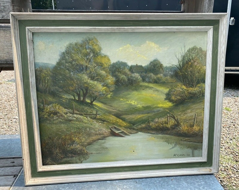VINTAGE LANDSCAPE OIL PAINTING ON BOARD LANDSCAPE WITH POND & BOAT MCCANN 73