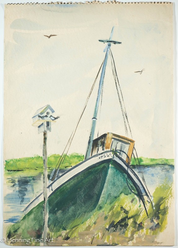 Beautiful Vintage Mildred Lusk Painting of a Grounded Fishing Boat, Rare 9