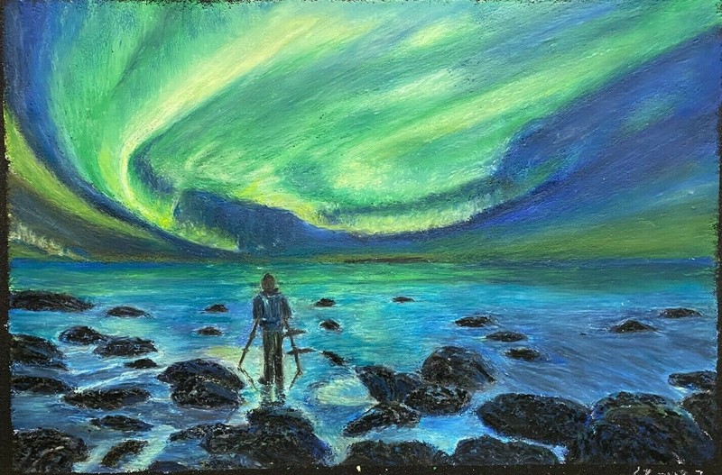 Oil Pastel Painting Earth-level light on Sanded Paper 10×14″