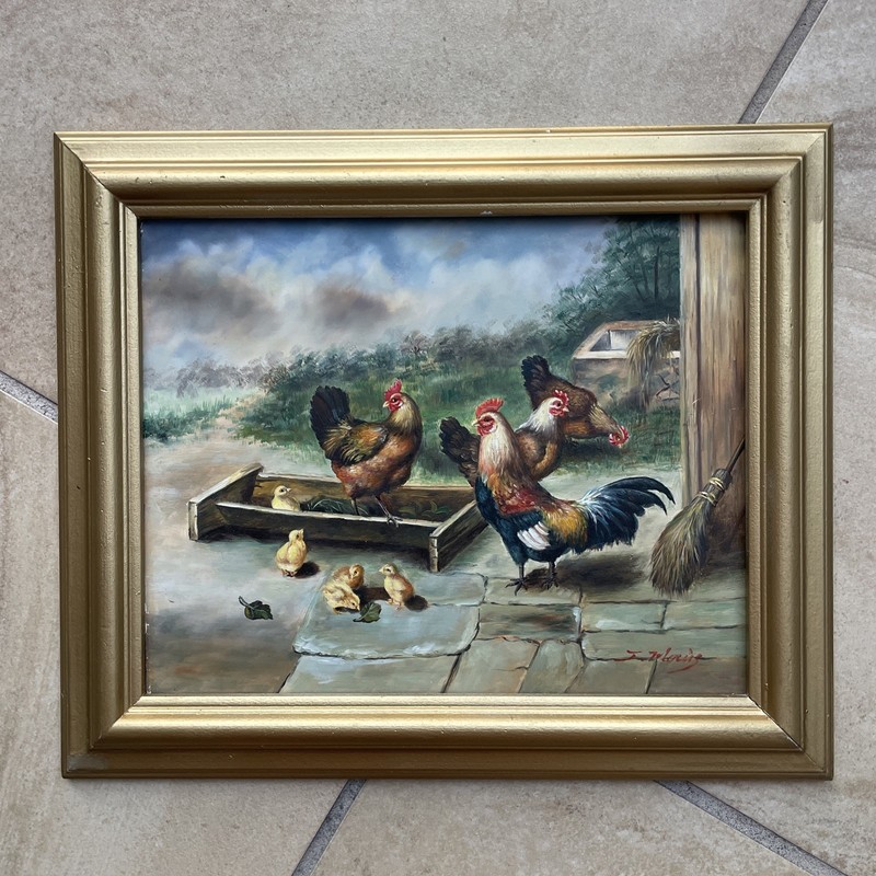 Vtg Hand-Painted Farm Scene On Wood Panel Rooster & Chicken Signed Rustic Art