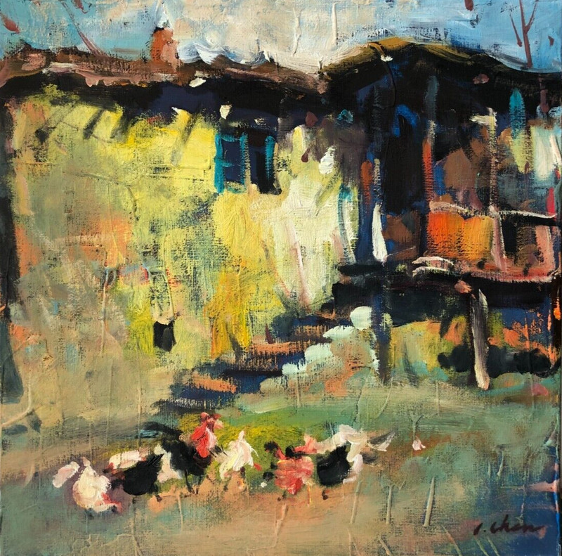 “yard with chickens” 29x29x3.8cm oil on canvas