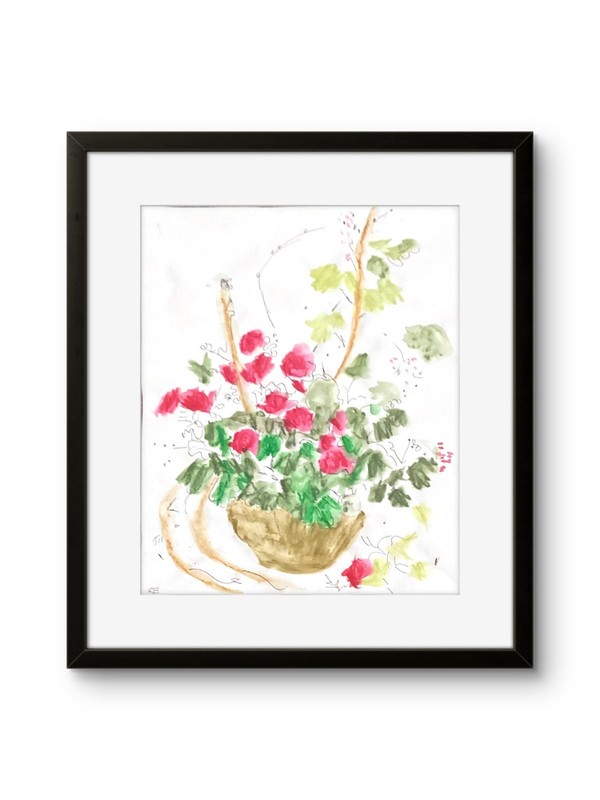 Original Chinese Flowers in a Vase Doodle Modern Bright Pop Art 11×14 on Paper