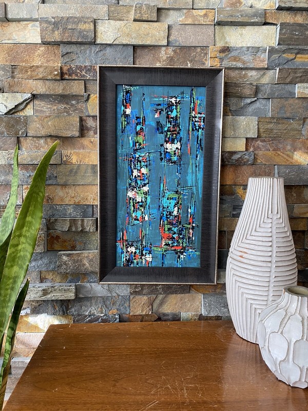 Mid Century Modern Abstract Acrylic Painting Blue Orange Green