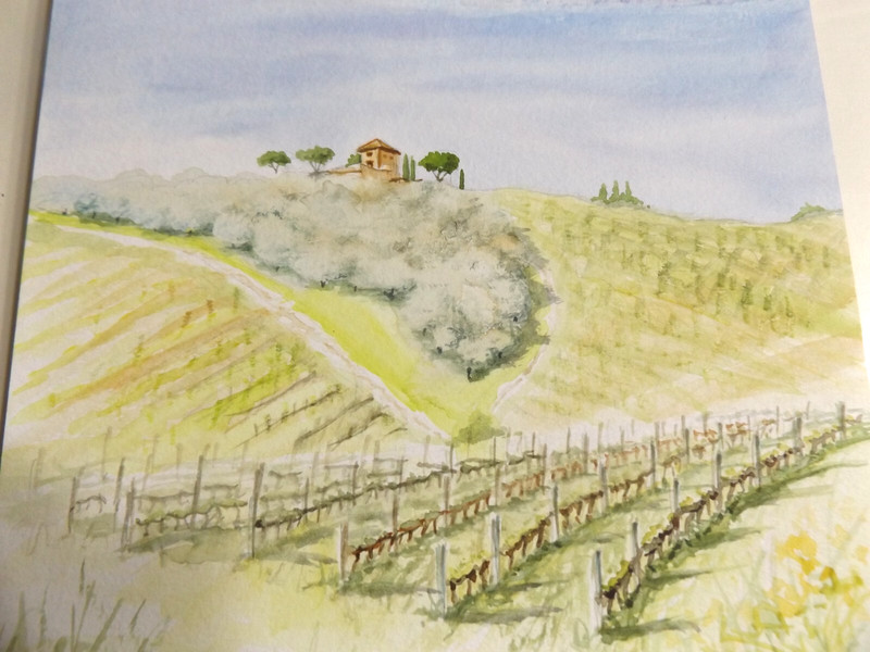 Original En Plein Air Vignette Watercolor Tuscany Vineyard Olive Trees PJ Teller gallery