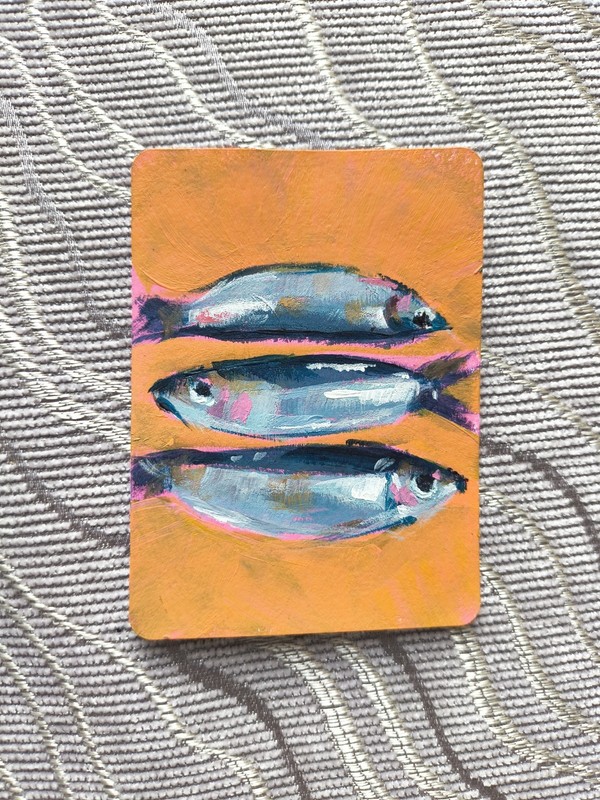 ACEO Original Art Card, Silver Fish Trio, Acrylic Painting – craftyleaf_art