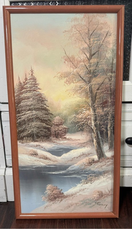 Vintage Original Winter Landscape Oil Painting on Canvas Signed Tony 25×13 Mauve