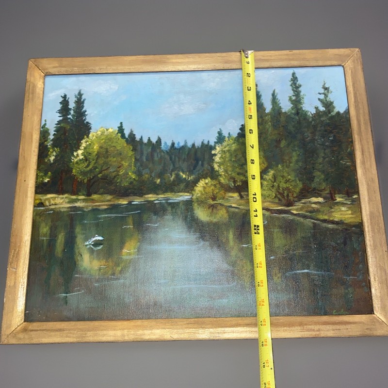 Vntg Original Oil Painting River Landscape Forest Fish Jumping 22” X 18” gallery