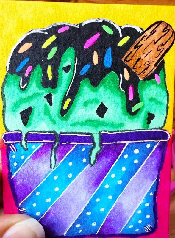 ACEO Original Ice Cream Sundae Alcohol Marker & Ink Summer Fun #1 by Liz Durant