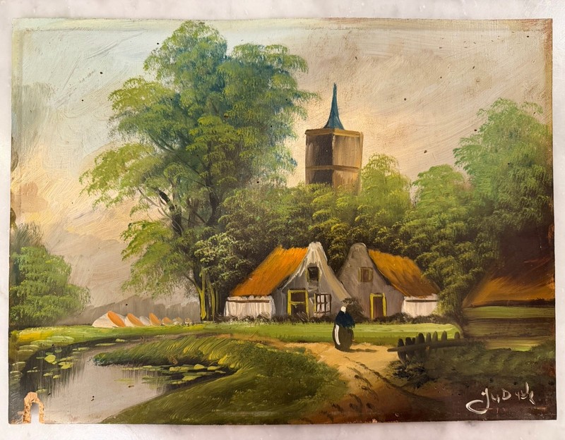 Early 20th Century Oil On Board Dutch Landscape Painting 13.5×18 Signed PLS READ