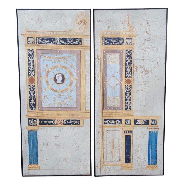 Pair French Hand Painted Neoclassical Wall Hanging Architectural Screen Panels