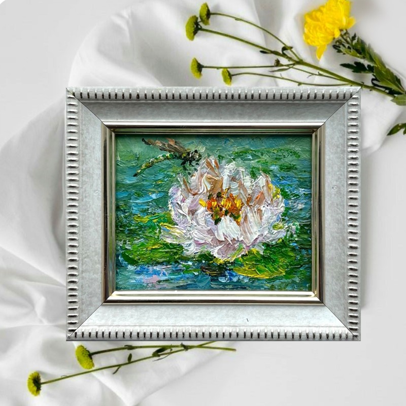 Water Lily Dragonfly Original Oil Painting Flower Bloom Collectable Art 2.5×3 in