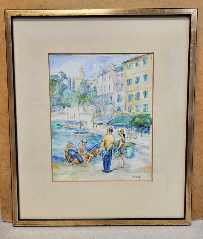 Original Restaurant Street Scene Watercolor Painting by Hilda Katz (1909-1997)