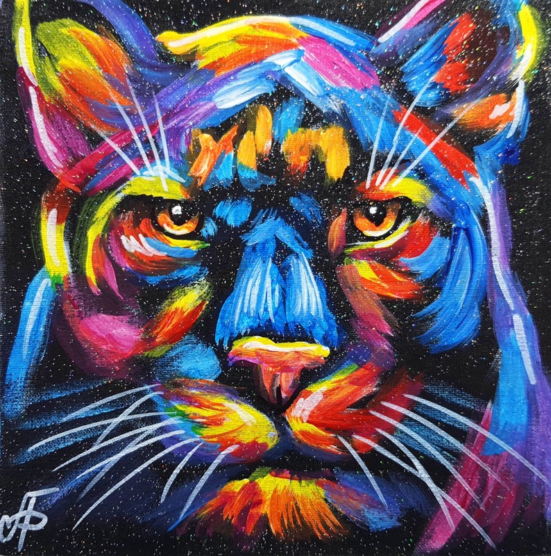 Original Acrylic Painting Colorful Panther Big Cat Portrait Canvas Wall Art
