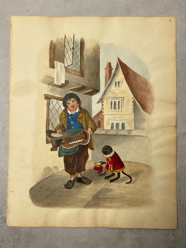 19th century folk art watercolor street musician with performing monkey
