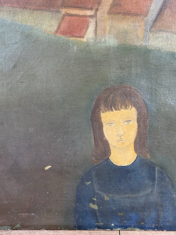 1940’s European Modernist Oil On Linen Canvas Girl Portrait Village Scene Signed gallery