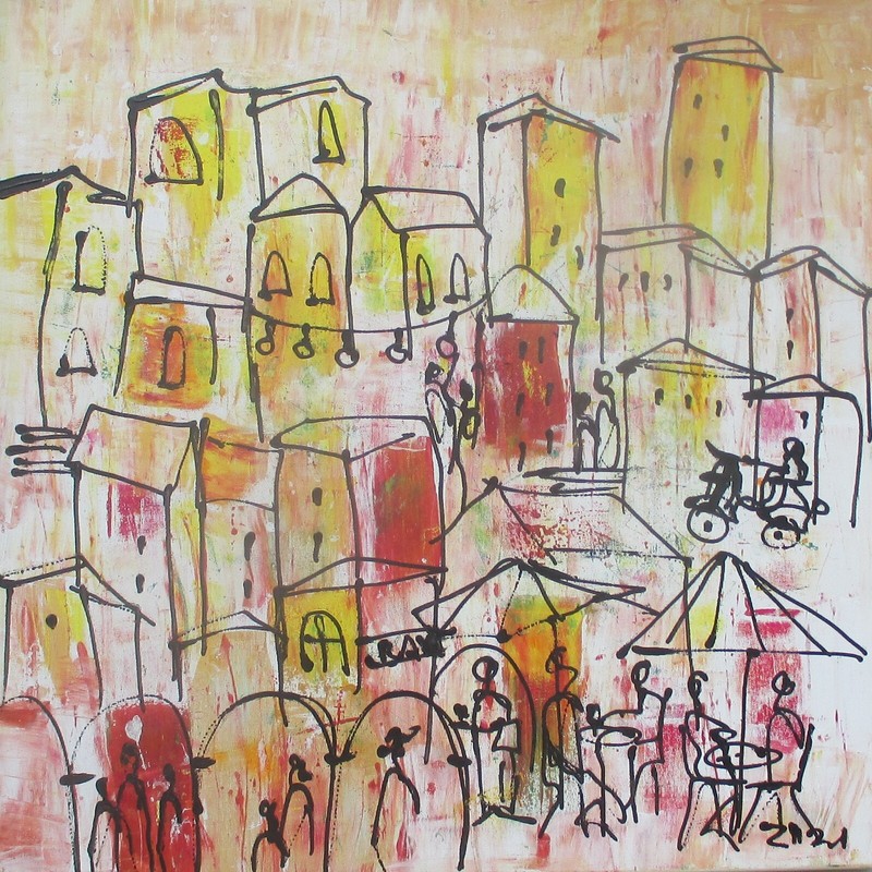 City on the River orig signed Painting 80x80cm Acrylic Picture LW Landscape Holiday Scene gallery