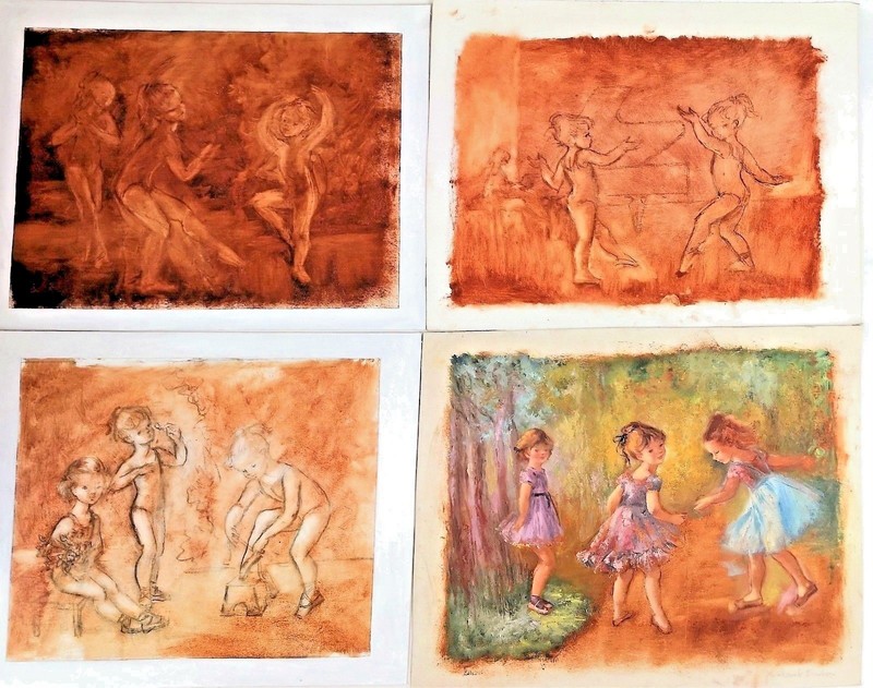 4 PORTRAITS OF DANCING GIRLS. OIL ON CANVAS. MONTSERRAT BARTA. SPAIN. 20TH.