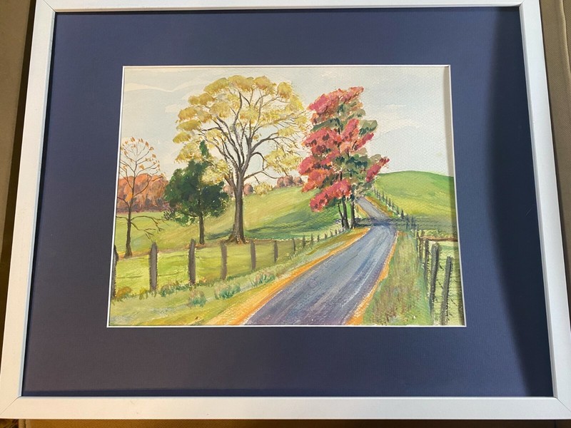 «Country Road In Autumn Scene» Watercolor Painting – Framed