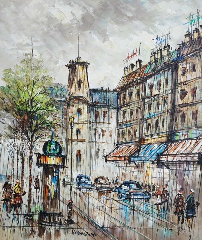 Gorgeous H. DUCHAMP Signed Cityscape Oil Painting In 27.5" X 23.5" Frame gallery