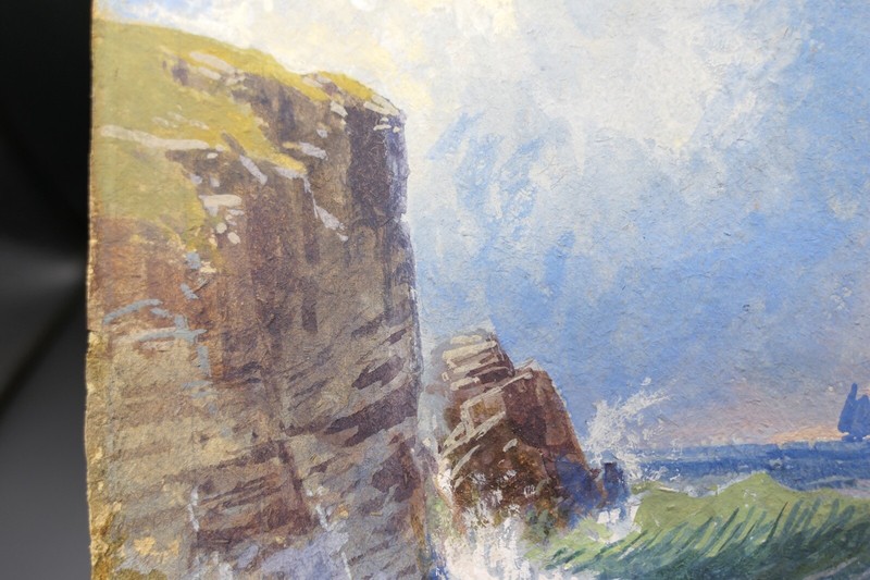 Signed 1895 Alfred Thompson Bricher (1837–1908) painting seascape cliff 4.5x6" gallery
